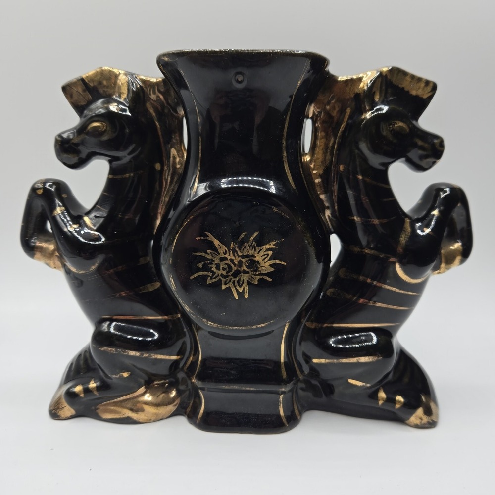 Vintage Japanese Vase Black With Gold Trim and Zebras on Each Side UNIQUE